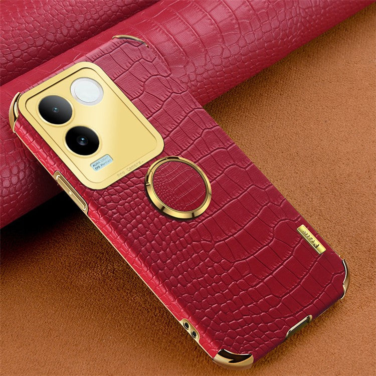 For vivo S17e 5G Crocodile Texture Phone Case 6D Electroplated Kickstand PU Leather + TPU Cover - Red