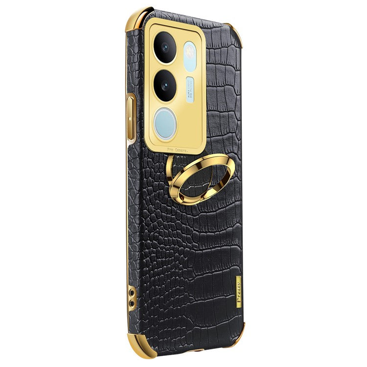 For vivo S17 5G PU Leather Coated TPU Cover Electroplated Crocodile Texture Phone Case with Kickstand - Black