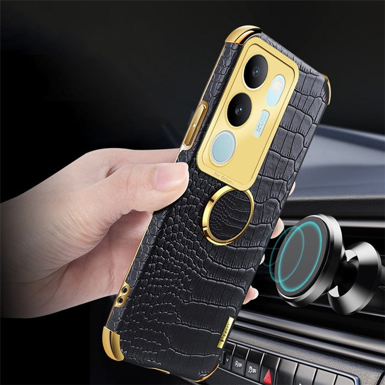 For vivo S17 5G PU Leather Coated TPU Cover Electroplated Crocodile Texture Phone Case with Kickstand - Black