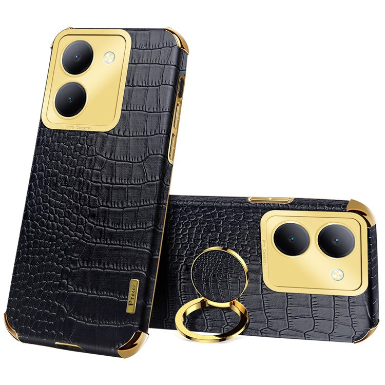 For vivo Y78 5G Electroplated Kickstand Phone Case Crocodile Texture PU Leather Coated TPU Cover - Black