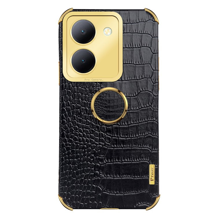 For vivo Y78 5G Electroplated Kickstand Phone Case Crocodile Texture PU Leather Coated TPU Cover - Black