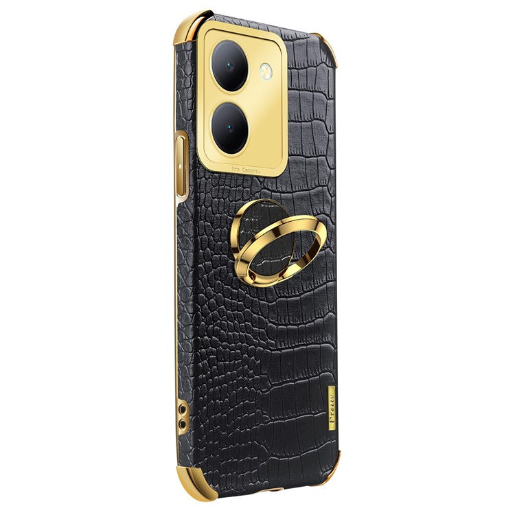 For vivo Y78 5G Electroplated Kickstand Phone Case Crocodile Texture PU Leather Coated TPU Cover - Black