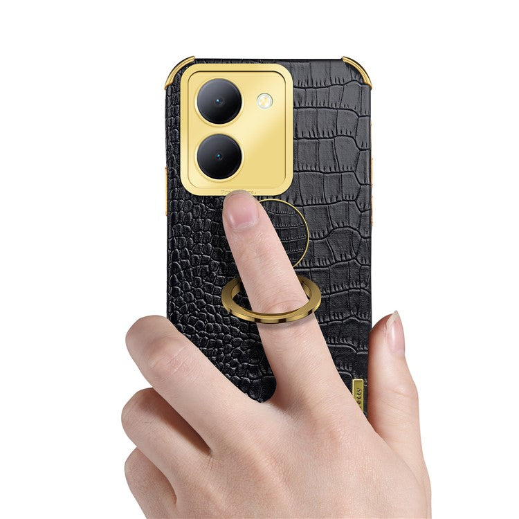 For vivo Y78 5G Electroplated Kickstand Phone Case Crocodile Texture PU Leather Coated TPU Cover - Black