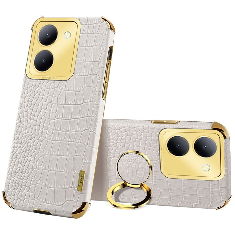 For vivo Y78 5G Electroplated Kickstand Phone Case Crocodile Texture PU Leather Coated TPU Cover - White