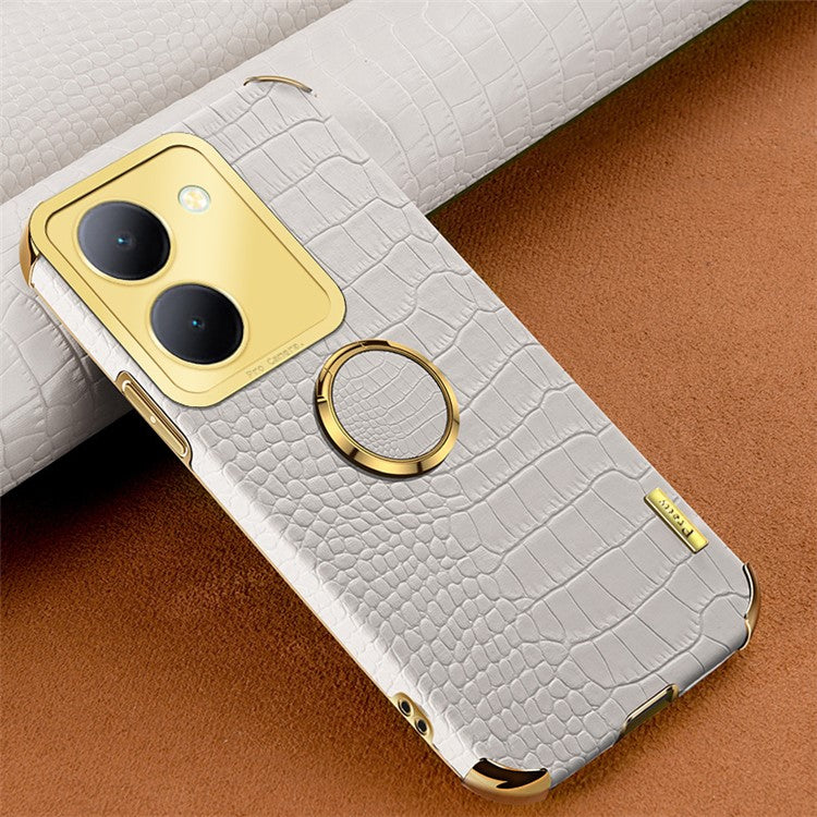 For vivo Y78 5G Electroplated Kickstand Phone Case Crocodile Texture PU Leather Coated TPU Cover - White