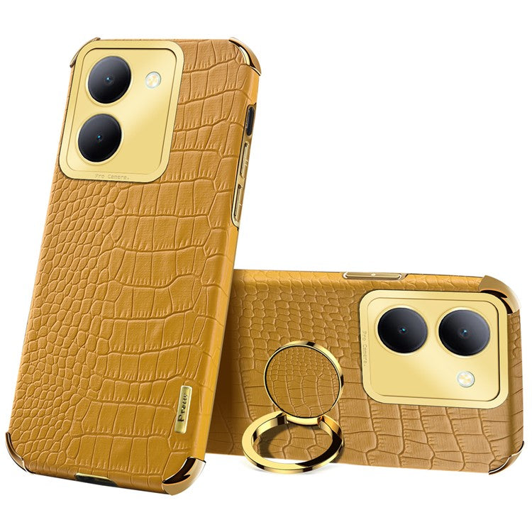 For vivo Y78 5G Electroplated Kickstand Phone Case Crocodile Texture PU Leather Coated TPU Cover - Yellow