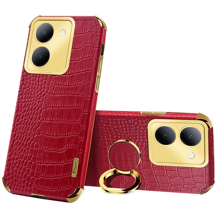 For vivo Y78 5G Electroplated Kickstand Phone Case Crocodile Texture PU Leather Coated TPU Cover - Red