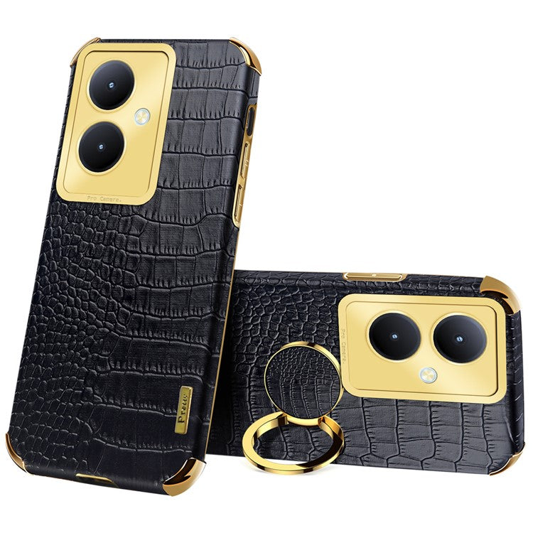 For vivo Y78+ 5G Leather Coated TPU Phone Case Crocodile Texture Protective Cover with Ring Kickstand - Black