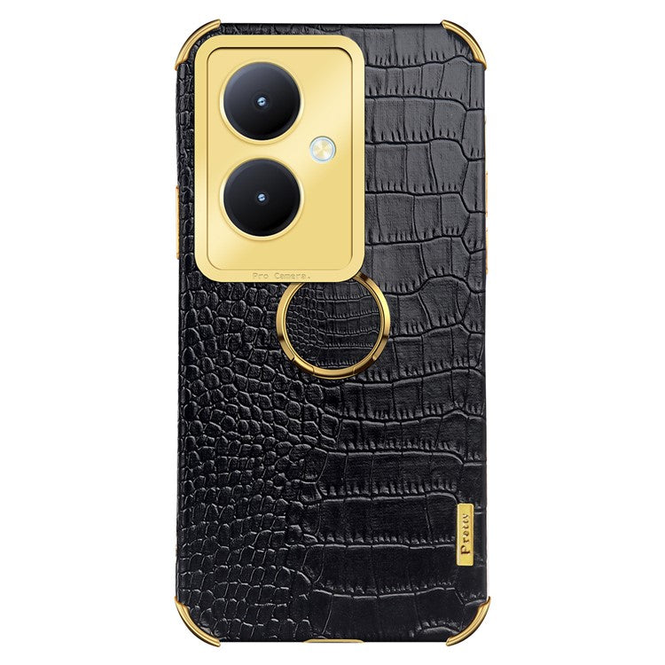 For vivo Y78+ 5G Leather Coated TPU Phone Case Crocodile Texture Protective Cover with Ring Kickstand - Black