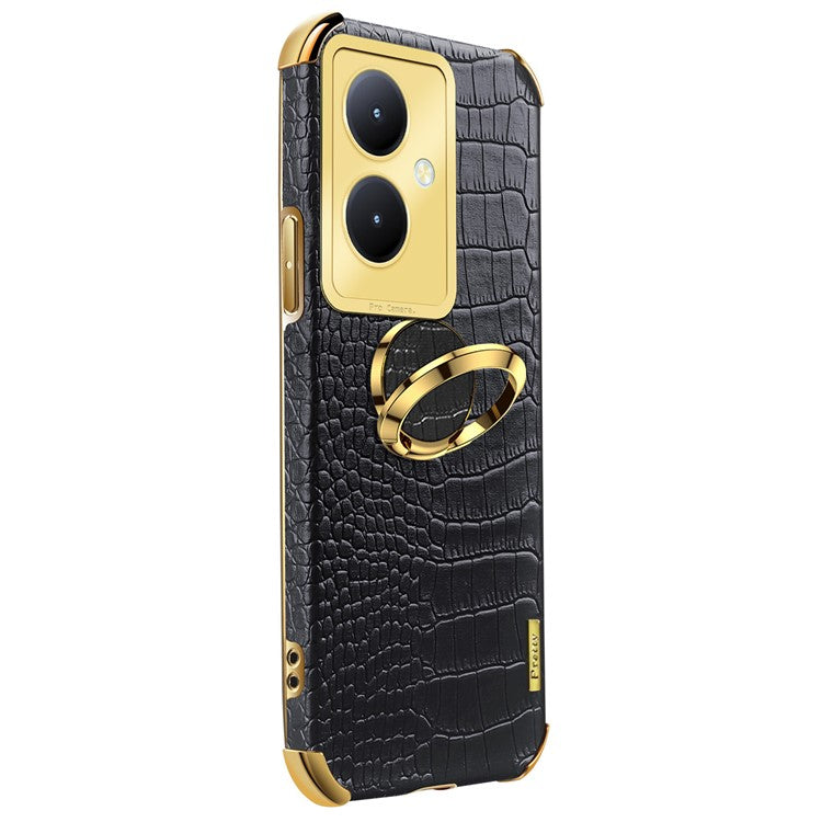 For vivo Y78+ 5G Leather Coated TPU Phone Case Crocodile Texture Protective Cover with Ring Kickstand - Black