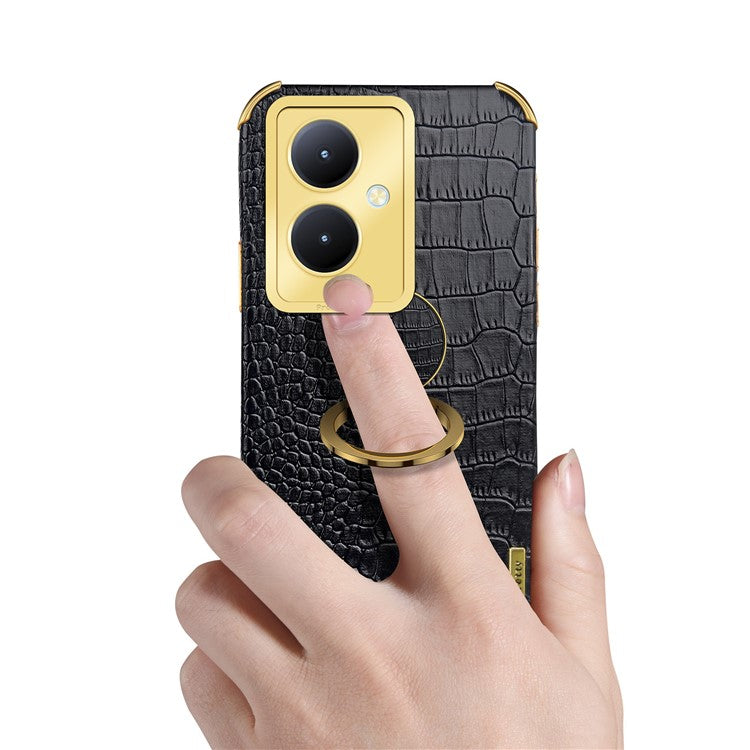 For vivo Y78+ 5G Leather Coated TPU Phone Case Crocodile Texture Protective Cover with Ring Kickstand - Black