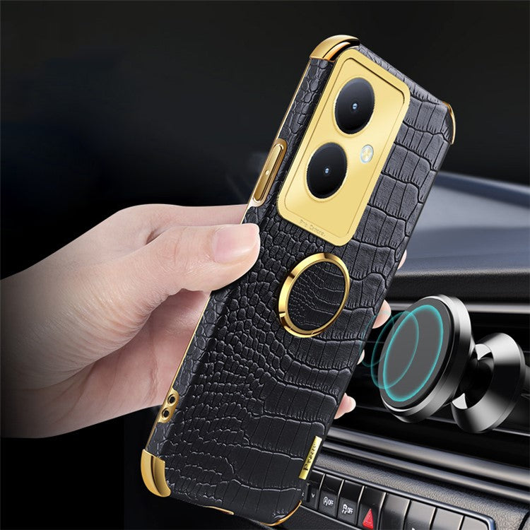 For vivo Y78+ 5G Leather Coated TPU Phone Case Crocodile Texture Protective Cover with Ring Kickstand - Black