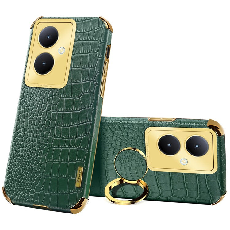 For vivo Y78+ 5G Leather Coated TPU Phone Case Crocodile Texture Protective Cover with Ring Kickstand - Green