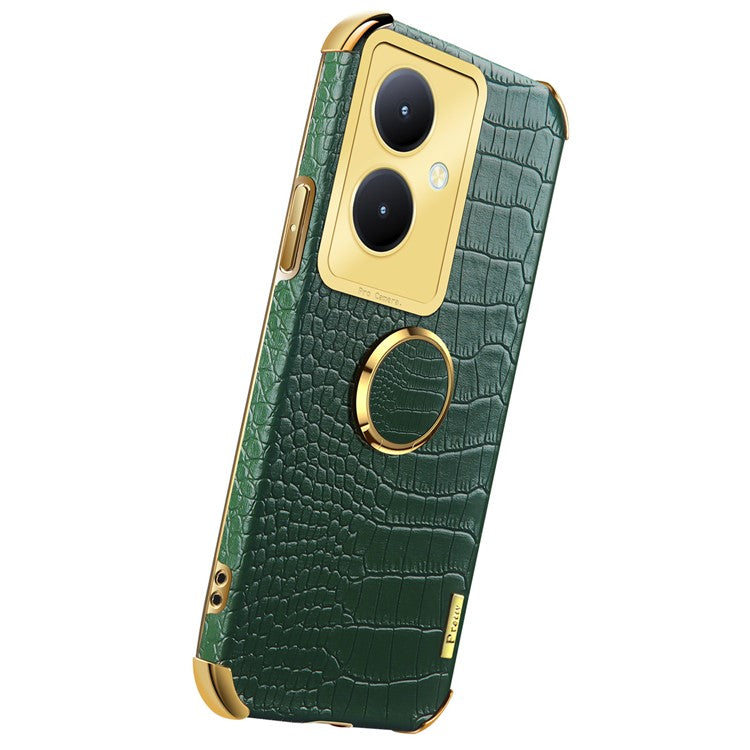 For vivo Y78+ 5G Leather Coated TPU Phone Case Crocodile Texture Protective Cover with Ring Kickstand - Green