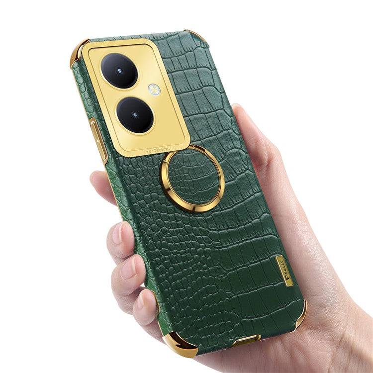 For vivo Y78+ 5G Leather Coated TPU Phone Case Crocodile Texture Protective Cover with Ring Kickstand - Green