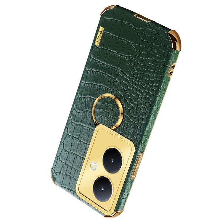 For vivo Y78+ 5G Leather Coated TPU Phone Case Crocodile Texture Protective Cover with Ring Kickstand - Green