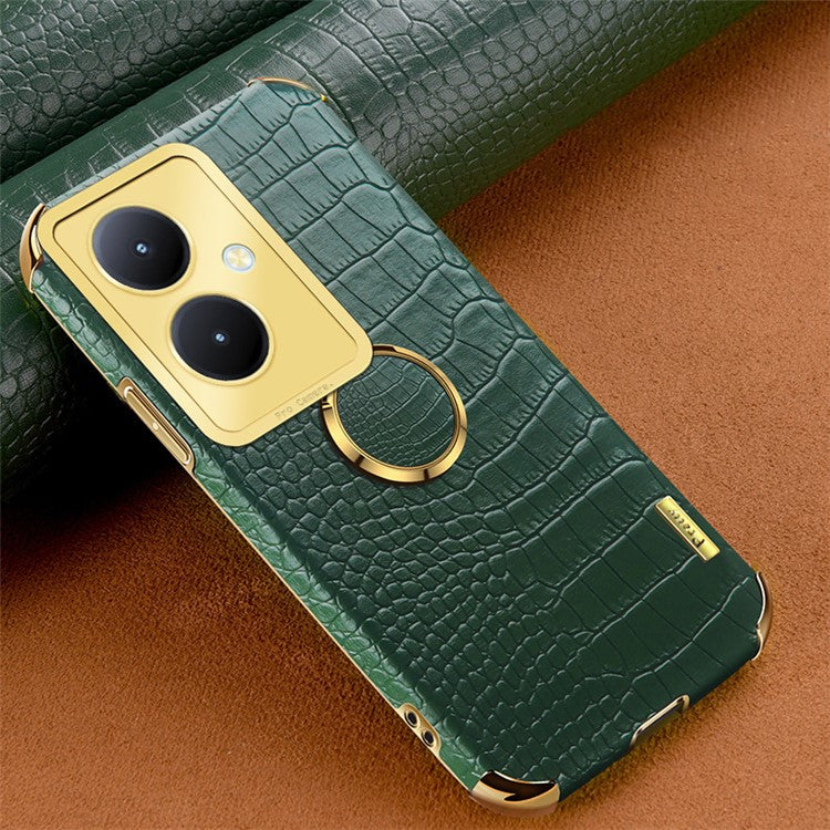 For vivo Y78+ 5G Leather Coated TPU Phone Case Crocodile Texture Protective Cover with Ring Kickstand - Green