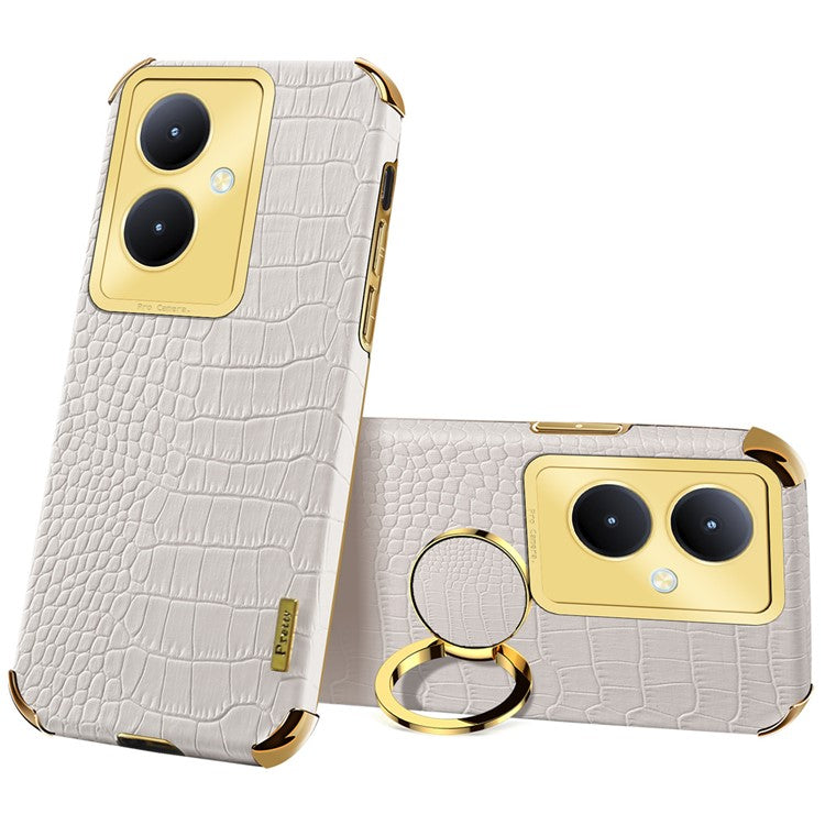 For vivo Y78+ 5G Leather Coated TPU Phone Case Crocodile Texture Protective Cover with Ring Kickstand - White