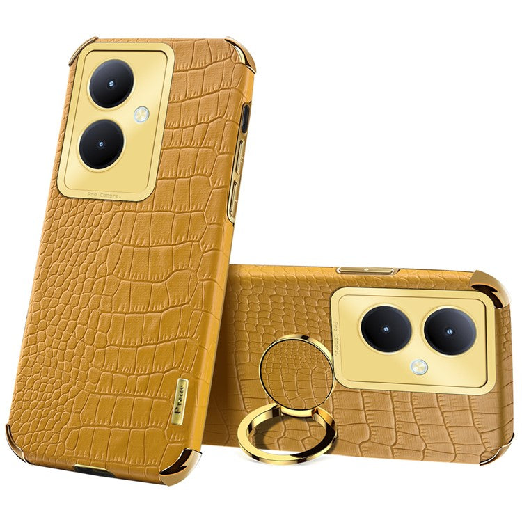 For vivo Y78+ 5G Leather Coated TPU Phone Case Crocodile Texture Protective Cover with Ring Kickstand - Yellow