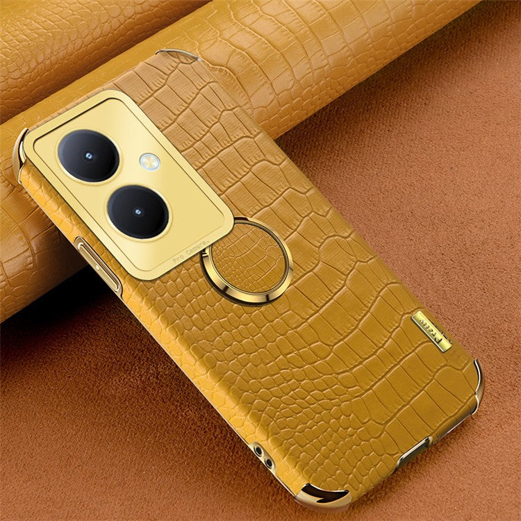 For vivo Y78+ 5G Leather Coated TPU Phone Case Crocodile Texture Protective Cover with Ring Kickstand - Yellow