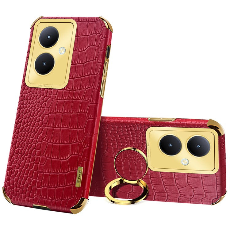 For vivo Y78+ 5G Leather Coated TPU Phone Case Crocodile Texture Protective Cover with Ring Kickstand - Red