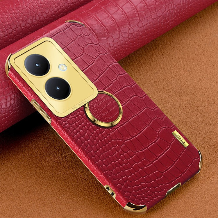 For vivo Y78+ 5G Leather Coated TPU Phone Case Crocodile Texture Protective Cover with Ring Kickstand - Red