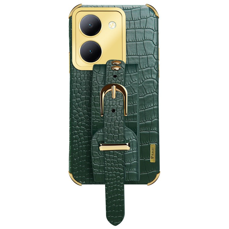 Wristband Kickstand Phone Case for vivo Y78 5G , PU Leather Coated TPU Electroplating Phone Cover - Green