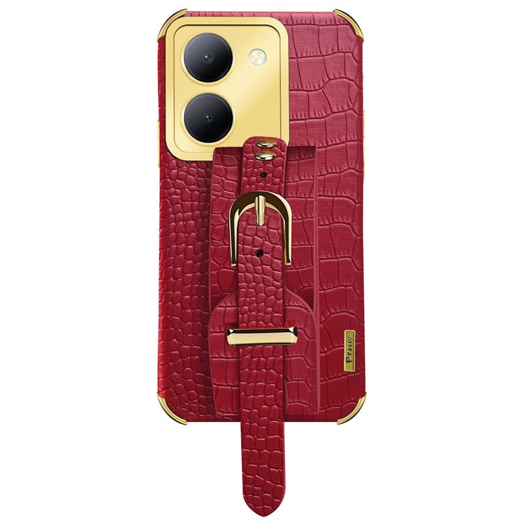 Wristband Kickstand Phone Case for vivo Y78 5G , PU Leather Coated TPU Electroplating Phone Cover - Red