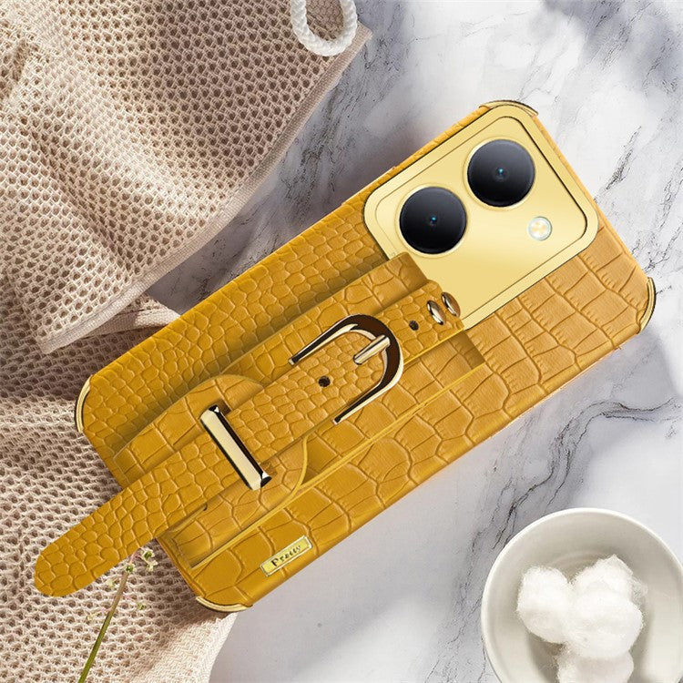 Wristband Kickstand Phone Case for vivo Y78 5G , PU Leather Coated TPU Electroplating Phone Cover - Yellow