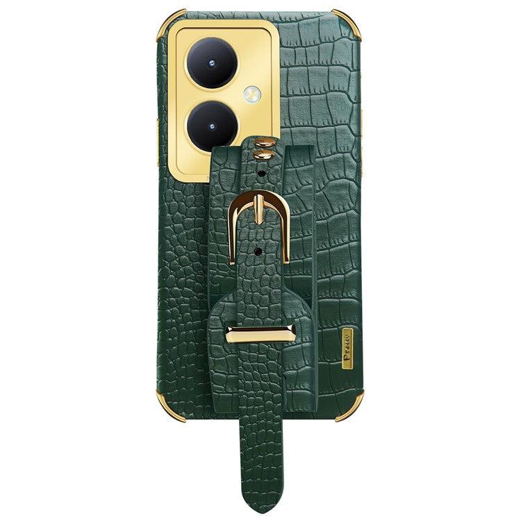 For vivo Y78+ 5G Wristband Kickstand PU Leather Coated TPU Case Electroplating Phone Cover - Green