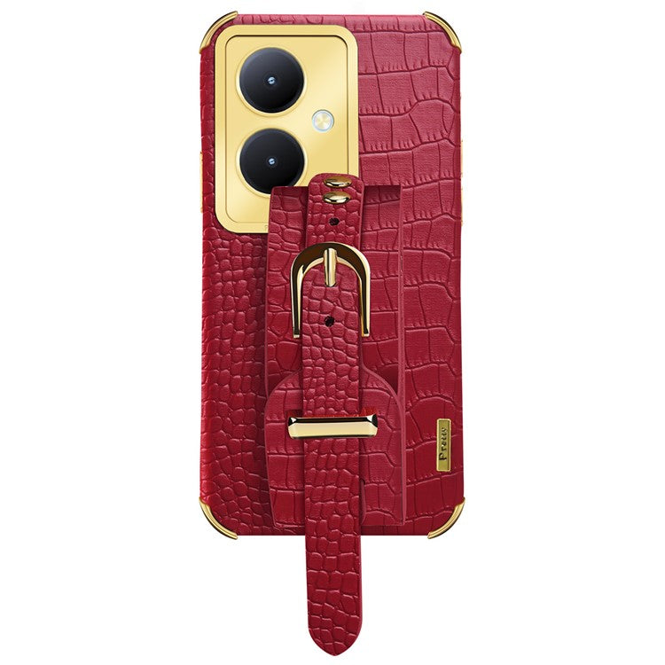 For vivo Y78+ 5G Wristband Kickstand PU Leather Coated TPU Case Electroplating Phone Cover - Red