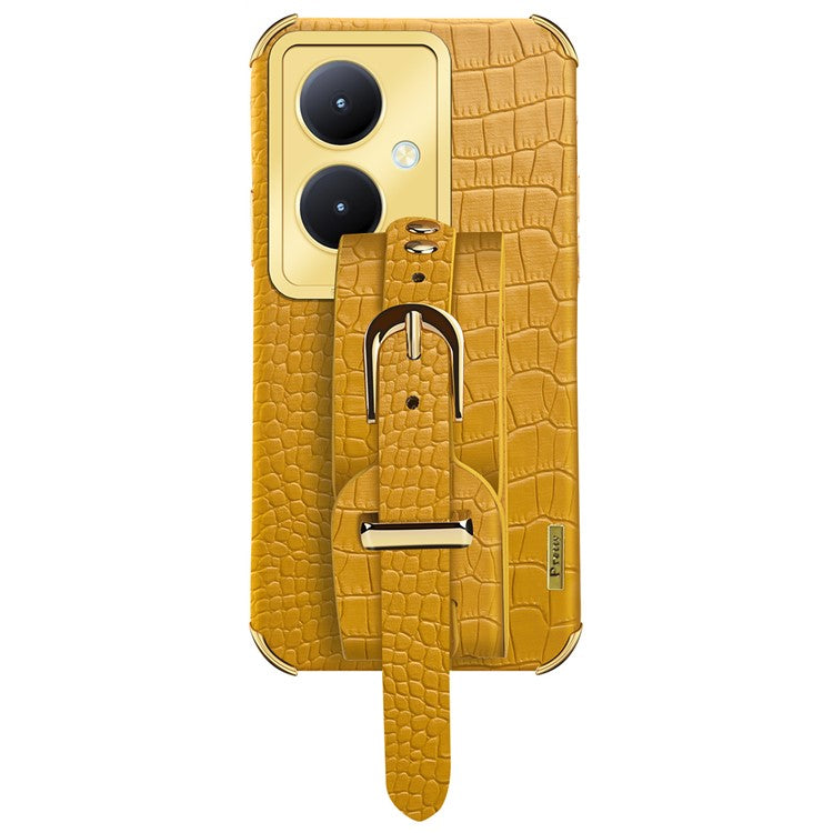 For vivo Y78+ 5G Wristband Kickstand PU Leather Coated TPU Case Electroplating Phone Cover - Yellow