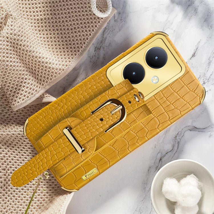 For vivo Y78+ 5G Wristband Kickstand PU Leather Coated TPU Case Electroplating Phone Cover - Yellow