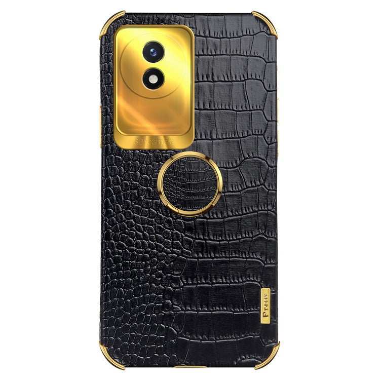 For vivo Y02 4G Leather Coated TPU Phone Case Ring Kickstand 6D Electroplated Back Cover - Black