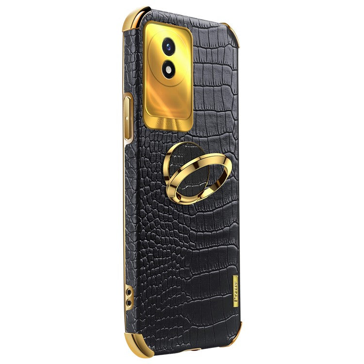 For vivo Y02 4G Leather Coated TPU Phone Case Ring Kickstand 6D Electroplated Back Cover - Black