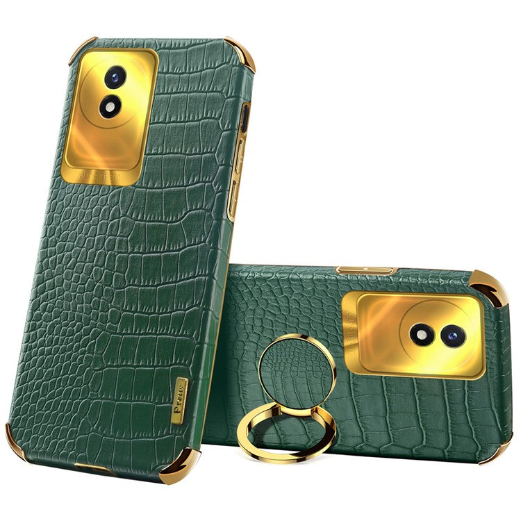 For vivo Y02 4G Leather Coated TPU Phone Case Ring Kickstand 6D Electroplated Back Cover - Green