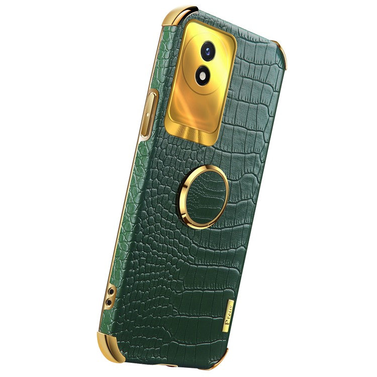 For vivo Y02 4G Leather Coated TPU Phone Case Ring Kickstand 6D Electroplated Back Cover - Green