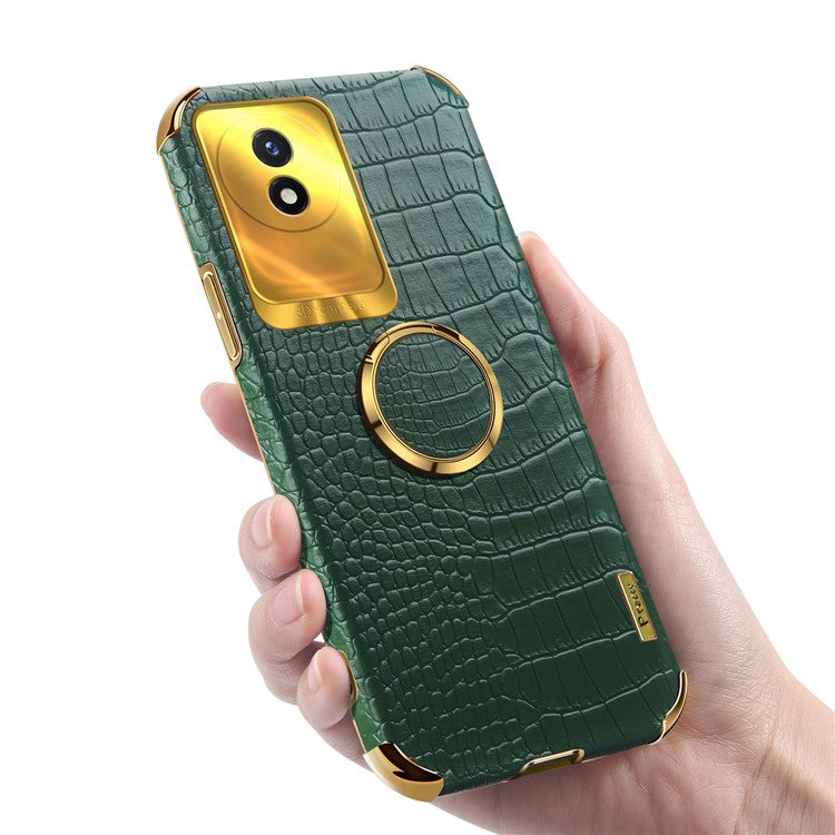 For vivo Y02 4G Leather Coated TPU Phone Case Ring Kickstand 6D Electroplated Back Cover - Green