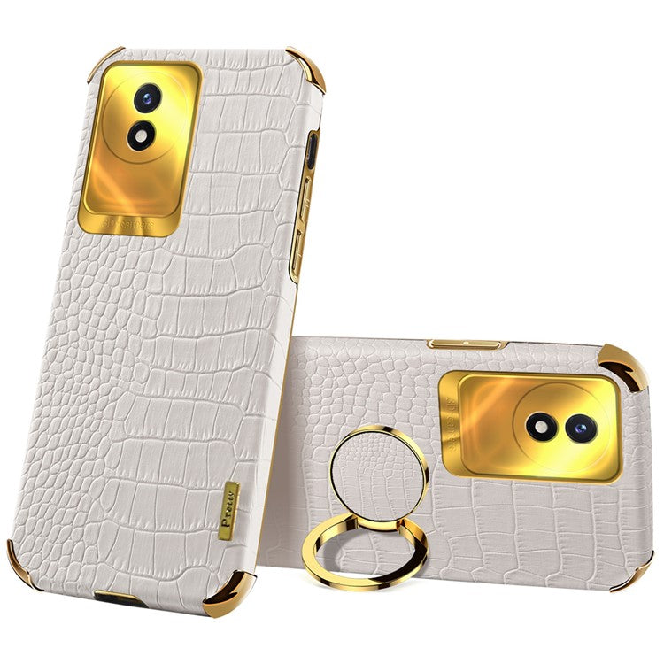 For vivo Y02 4G Leather Coated TPU Phone Case Ring Kickstand 6D Electroplated Back Cover - White