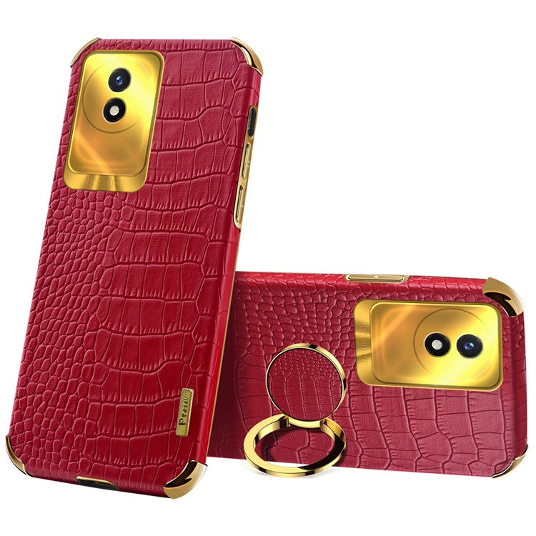 For vivo Y02 4G Leather Coated TPU Phone Case Ring Kickstand 6D Electroplated Back Cover - Red