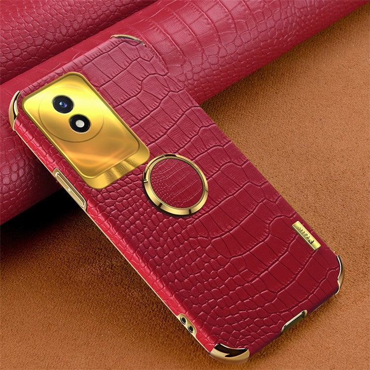 For vivo Y02 4G Leather Coated TPU Phone Case Ring Kickstand 6D Electroplated Back Cover - Red