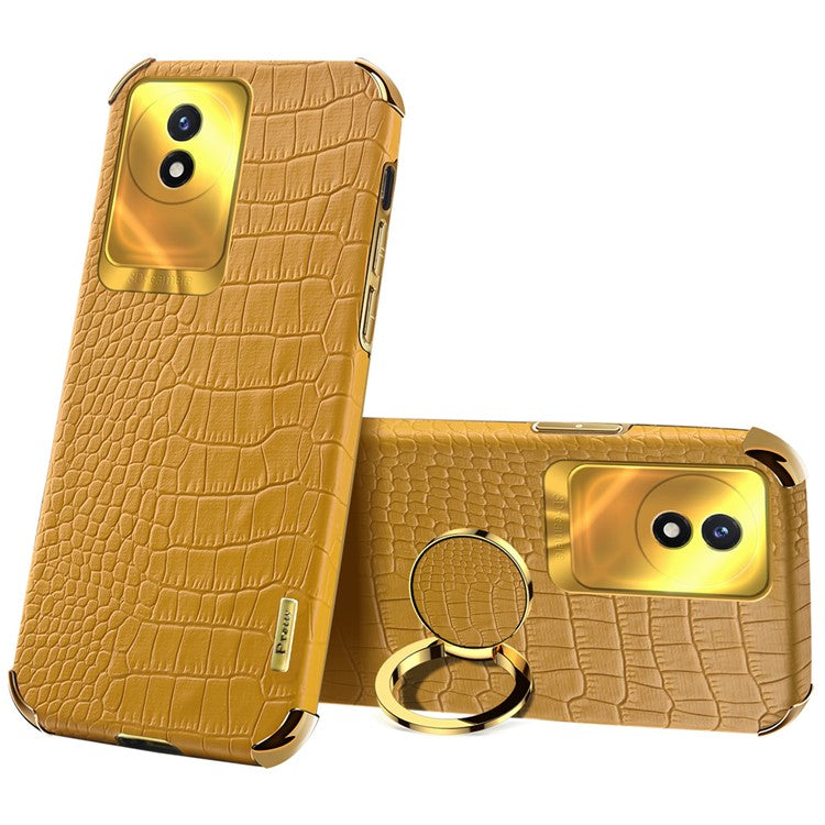 For vivo Y02 4G Leather Coated TPU Phone Case Ring Kickstand 6D Electroplated Back Cover - Yellow