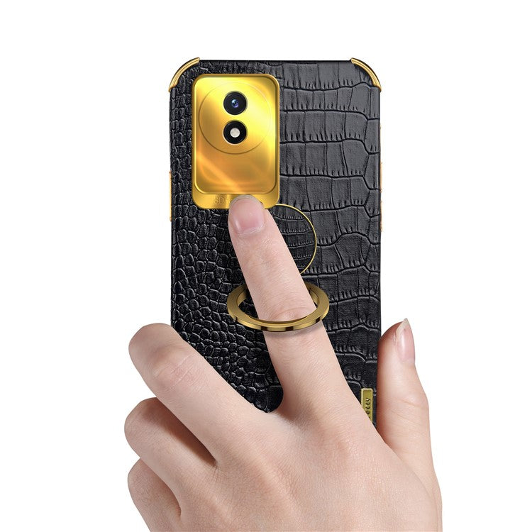 For vivo Y02 4G Leather Coated TPU Phone Case Ring Kickstand 6D Electroplated Back Cover - Yellow