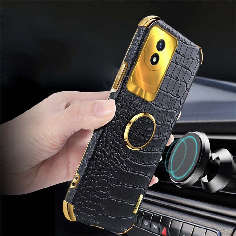 For vivo Y02 4G Leather Coated TPU Phone Case Ring Kickstand 6D Electroplated Back Cover - Yellow