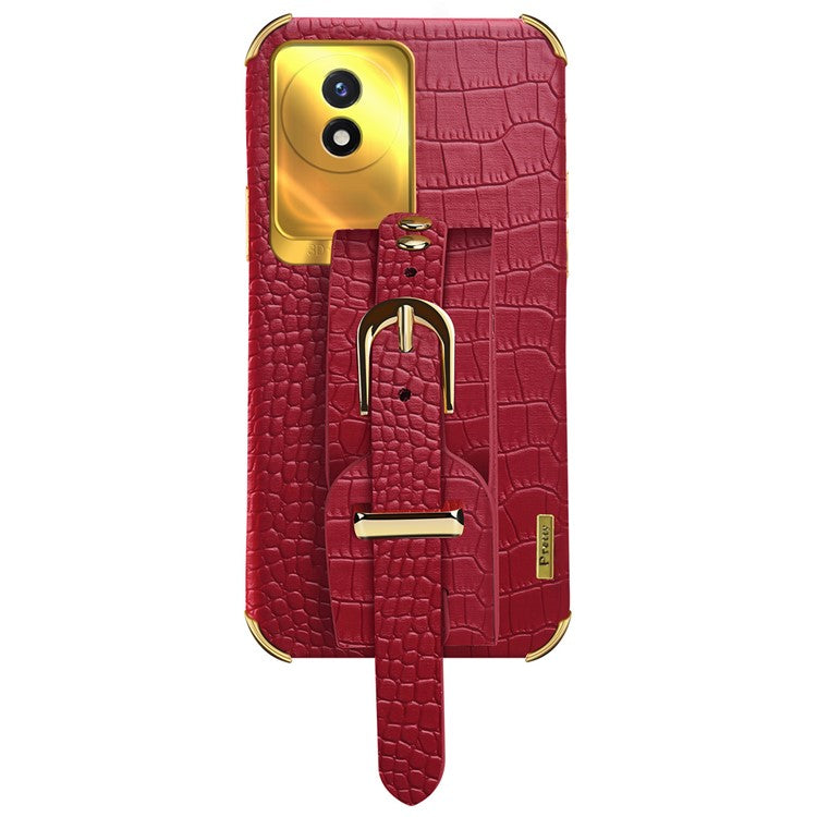 Wristband Kickstand Electroplating Case for vivo Y02 4G , PU Leather Coated TPU Phone Cover - Red