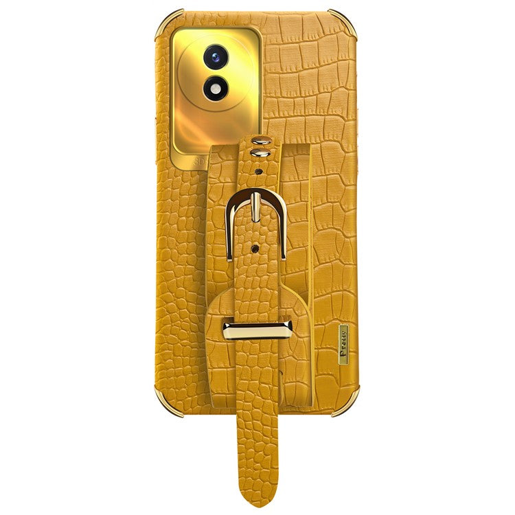 Wristband Kickstand Electroplating Case for vivo Y02 4G , PU Leather Coated TPU Phone Cover - Yellow