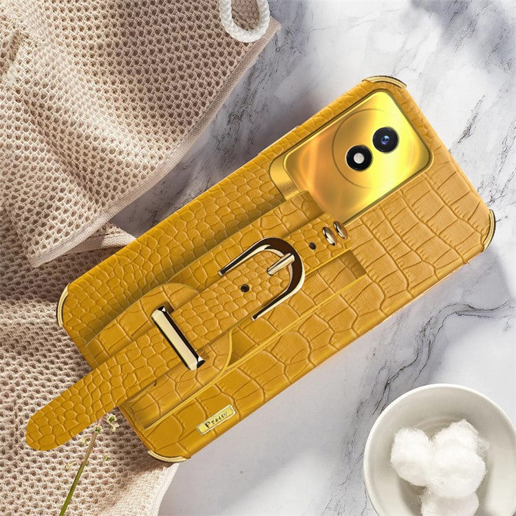 Wristband Kickstand Electroplating Case for vivo Y02 4G , PU Leather Coated TPU Phone Cover - Yellow