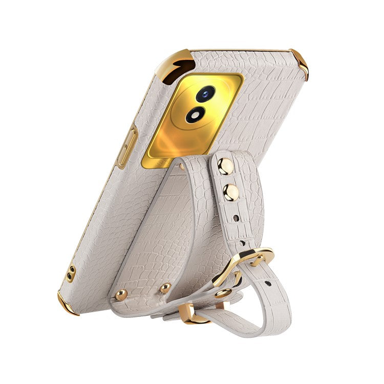 Wristband Kickstand Electroplating Case for vivo Y02 4G , PU Leather Coated TPU Phone Cover - Yellow