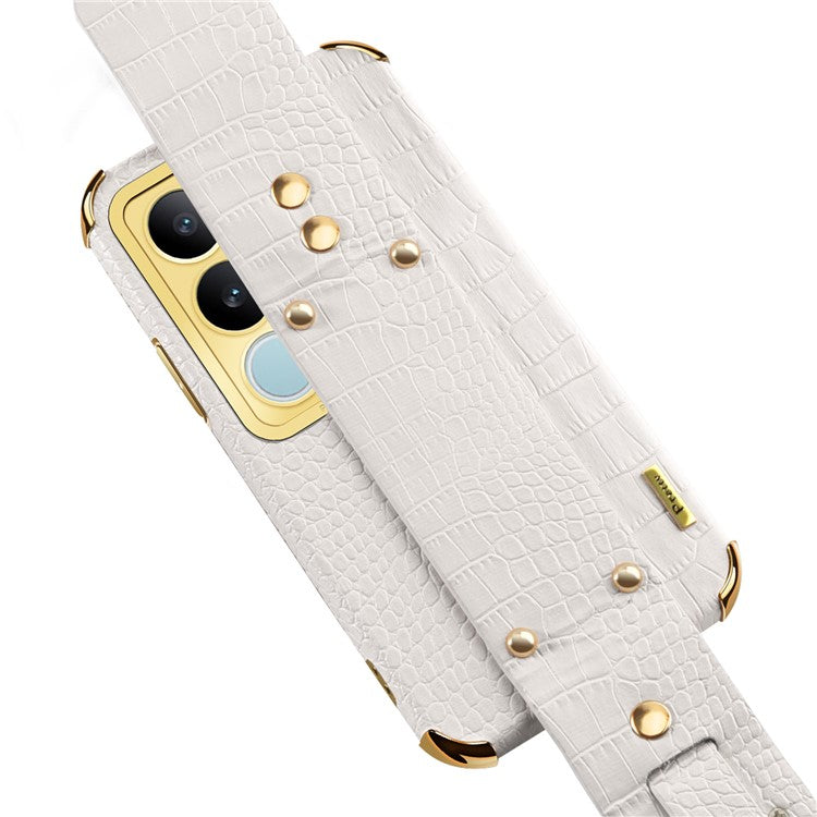 For vivo S17 5G PU Leather Coated TPU Case Wristband Kickstand Electroplating Phone Cover - White