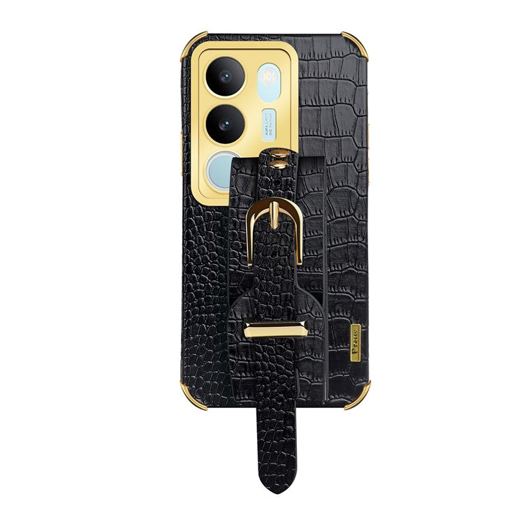 For vivo S17 5G PU Leather Coated TPU Case Wristband Kickstand Electroplating Phone Cover - Black